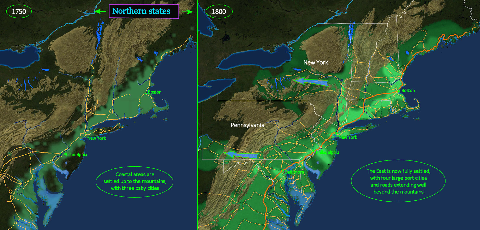 Northeast growth, 1750-1800 map